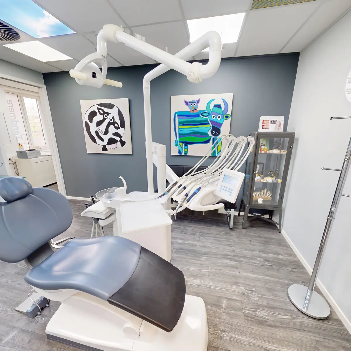 Treatment room with dental chair and artwork in Almere-Poort