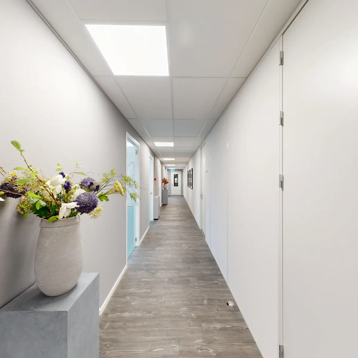 Corridor with flowers leading to the treatment rooms in Almere-Poort